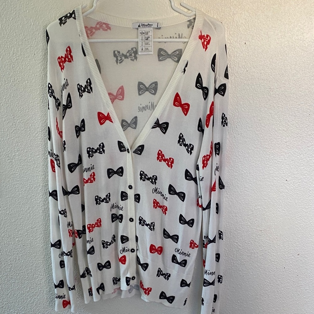 Disney White Cardigan with Red and Black Bow Print